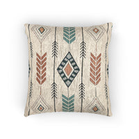 Boho Arrow woven pillow with terracotta and teal feathers, fine black arrows and diamond medallions on cream, front view