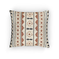 Mexican Boho woven pillow in cream with rust and charcoal Aztec stripes, front view