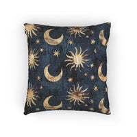 Celestial Boho woven pillow in navy with gold suns, moons and stars, front view