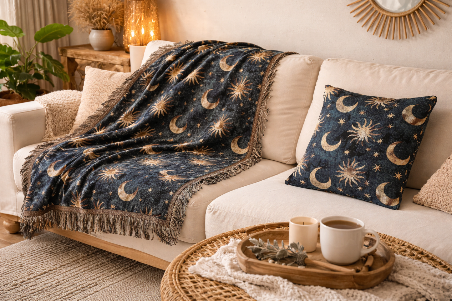 Celestial Boho woven pillow on a cream sofa with the matching Celestial woven blanket