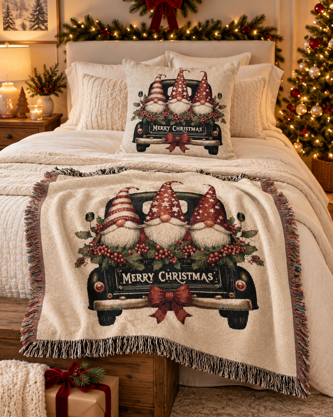 Christmas woven blanket and matching woven pillow featuring three gnomes riding in a vintage truck bed, styled together