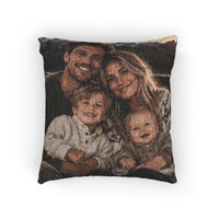 Custom photo woven pillow featuring a family photo woven into the fabric