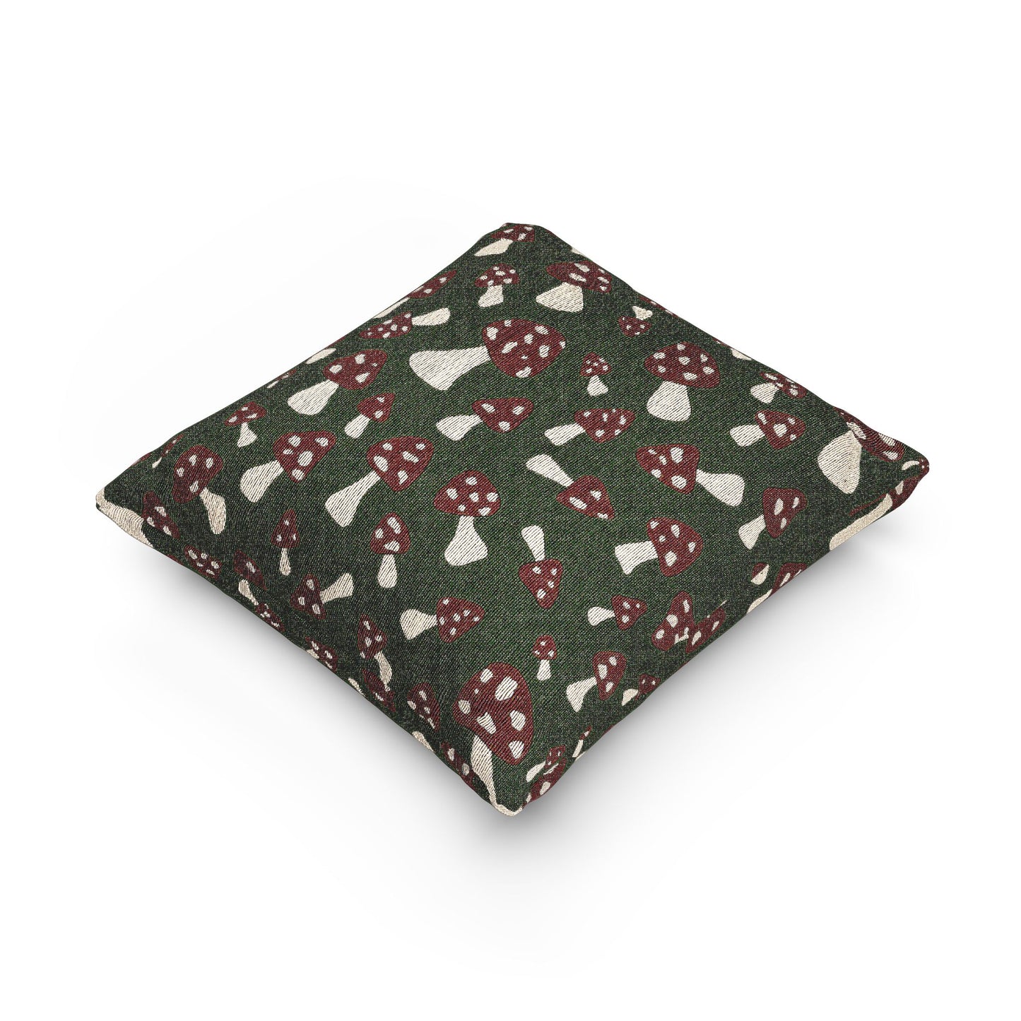 Mushroom Green woven pillow shown at an angle to show its depth and seam