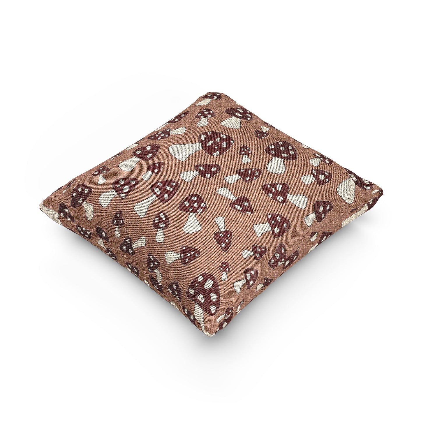 Mushroom Terra woven pillow shown at an angle to show its depth and seam