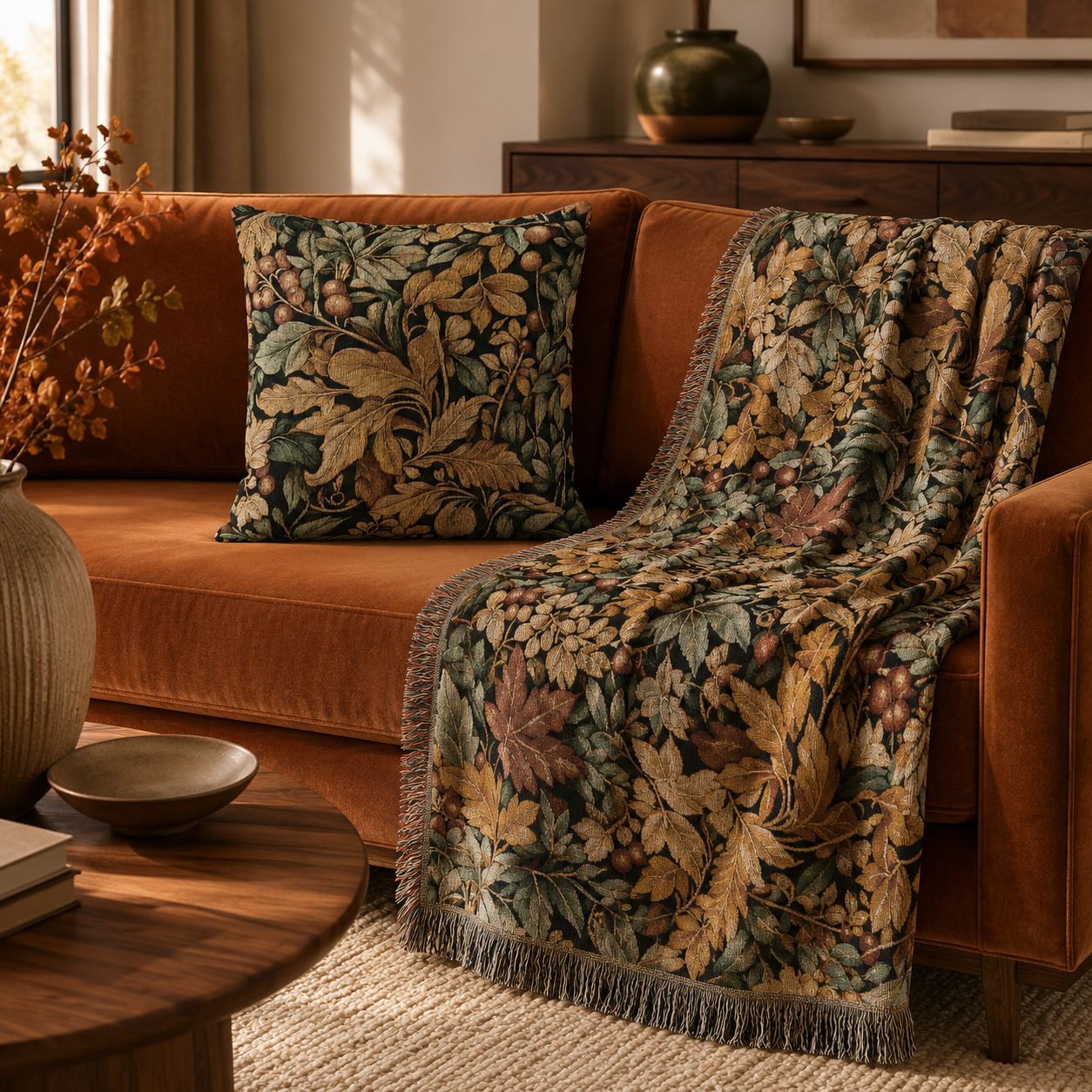 William Morris berry and leaf woven pillow with the matching woven blanket on a rust orange velvet sofa