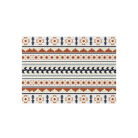 Mexican Boho outdoor rug in cream with rust, navy and pale blue Aztec bands, shown flat
