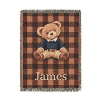 Personalized teddy bear plaid woven blanket with a name woven in below the bear