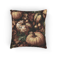 Pumpkin Harvest woven throw pillow with a dense pumpkin, gourd and leaf pattern, front view