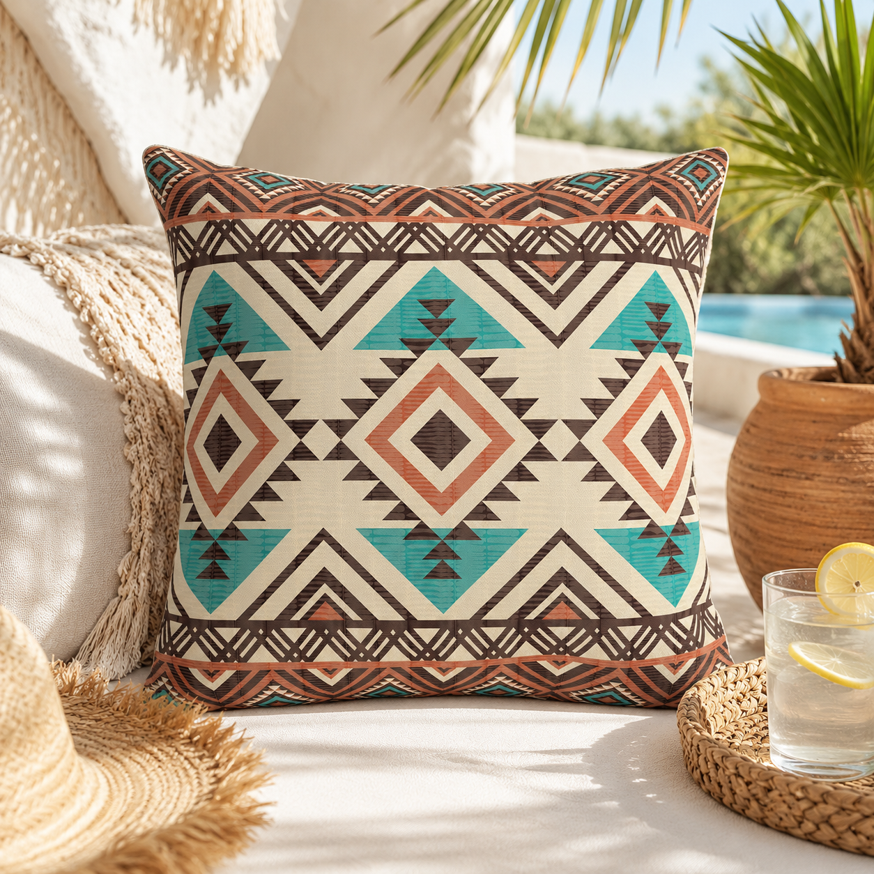 Two rust and teal Aztec diamond outdoor pillows on a garden sofa beside a pool