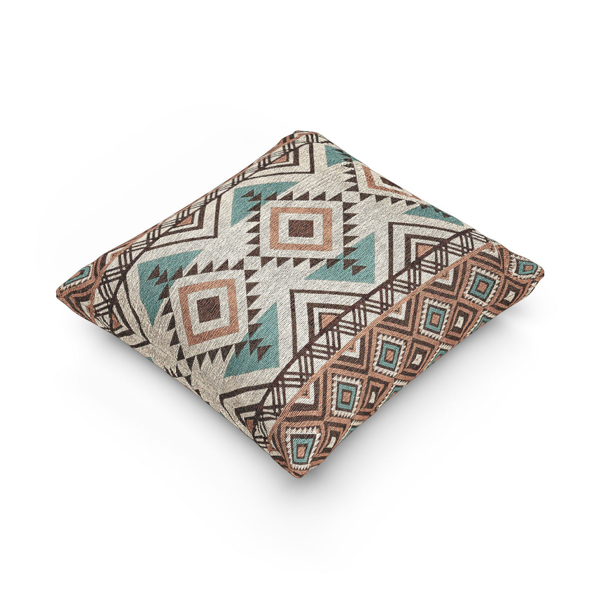 Rust and teal Aztec diamond woven pillow shown at an angle to show its depth and seam