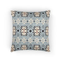 Southwestern woven pillow in pale blue with cream and charcoal stepped diamonds, front view