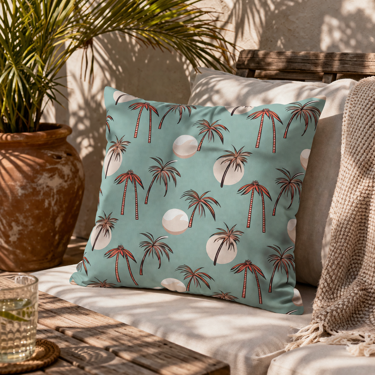 Summer Palm outdoor pillow on a terrace sofa in dappled sunlight