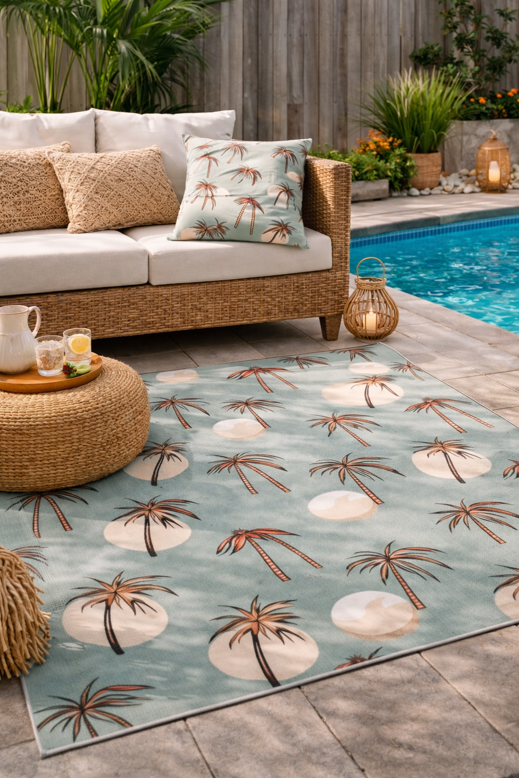 Palm print outdoor rug beside a swimming pool with a rattan sofa