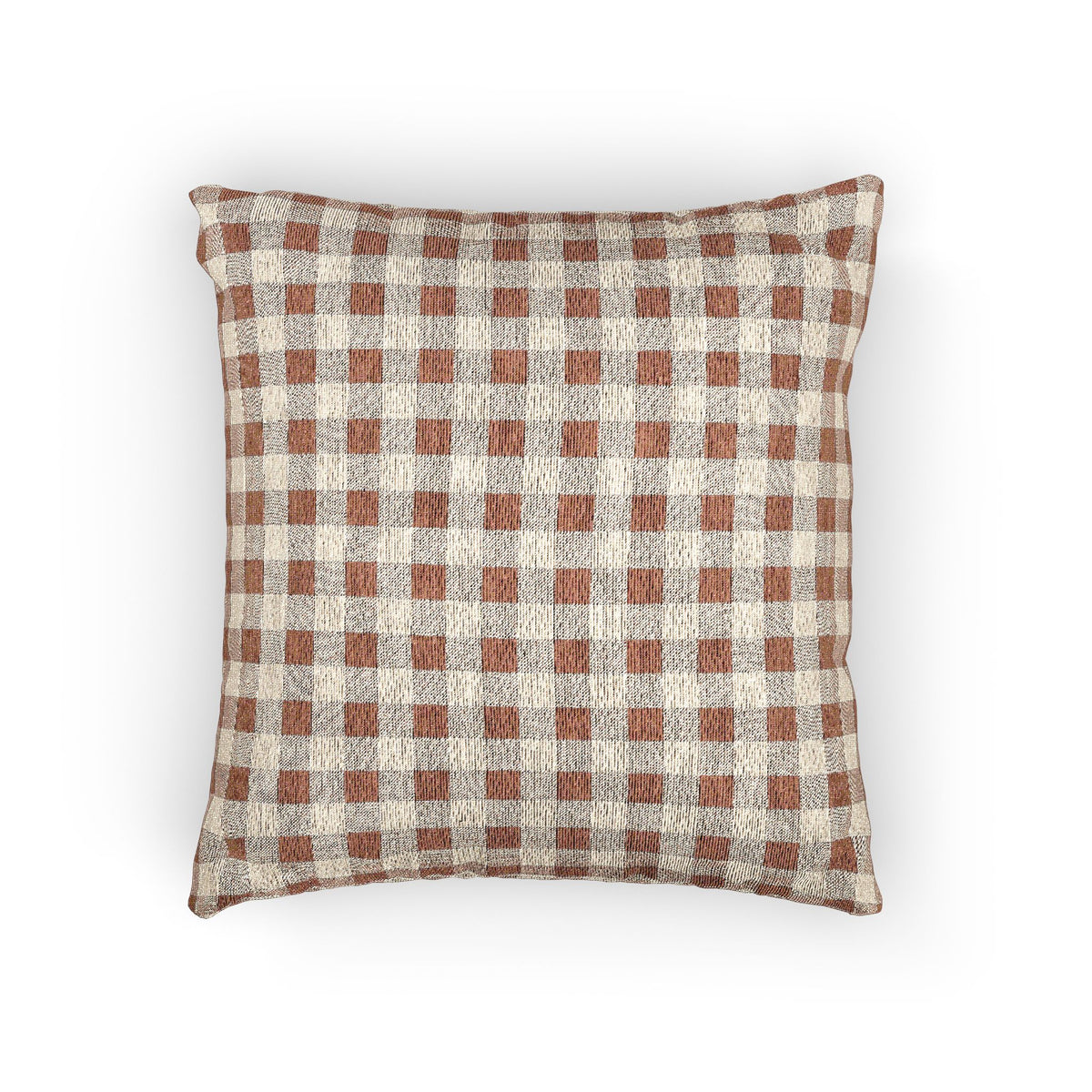 Terracotta gingham woven pillow with a rust and cream check pattern