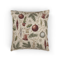 Vintage Christmas woven pillow with glass baubles, brass bells, holly and pine on cream