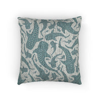 Whale Shark woven pillow in teal and cream with spotted whale sharks, front view