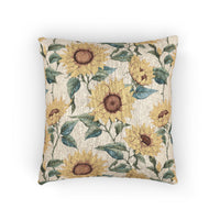 Sunflower woven pillow in cream with yellow sunflowers and green leaves, front view