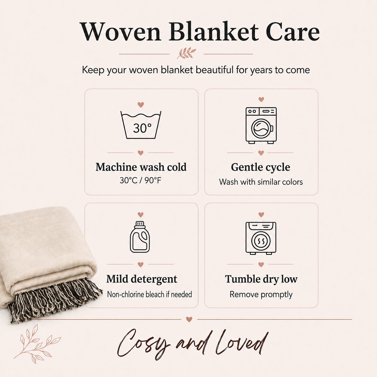 Woven blanket care guide: machine wash cold, gentle cycle, mild detergent, tumble dry low