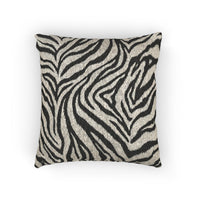 Zebra woven pillow in black and cream with a zebra stripe pattern, front view