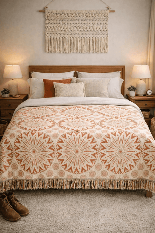 Boho Mandala Woven Blanket Beige