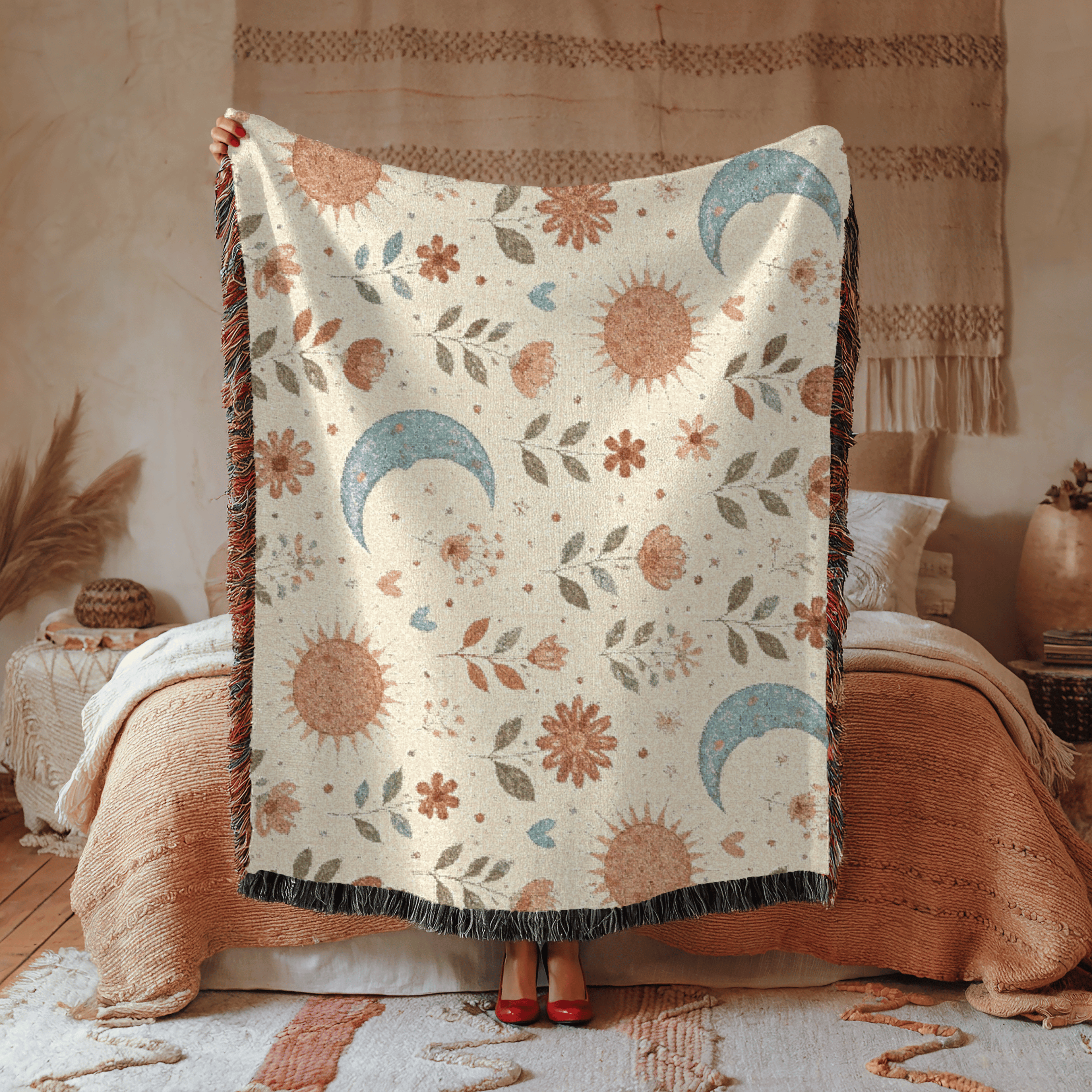 Boho Sun Moon Woven Blanket