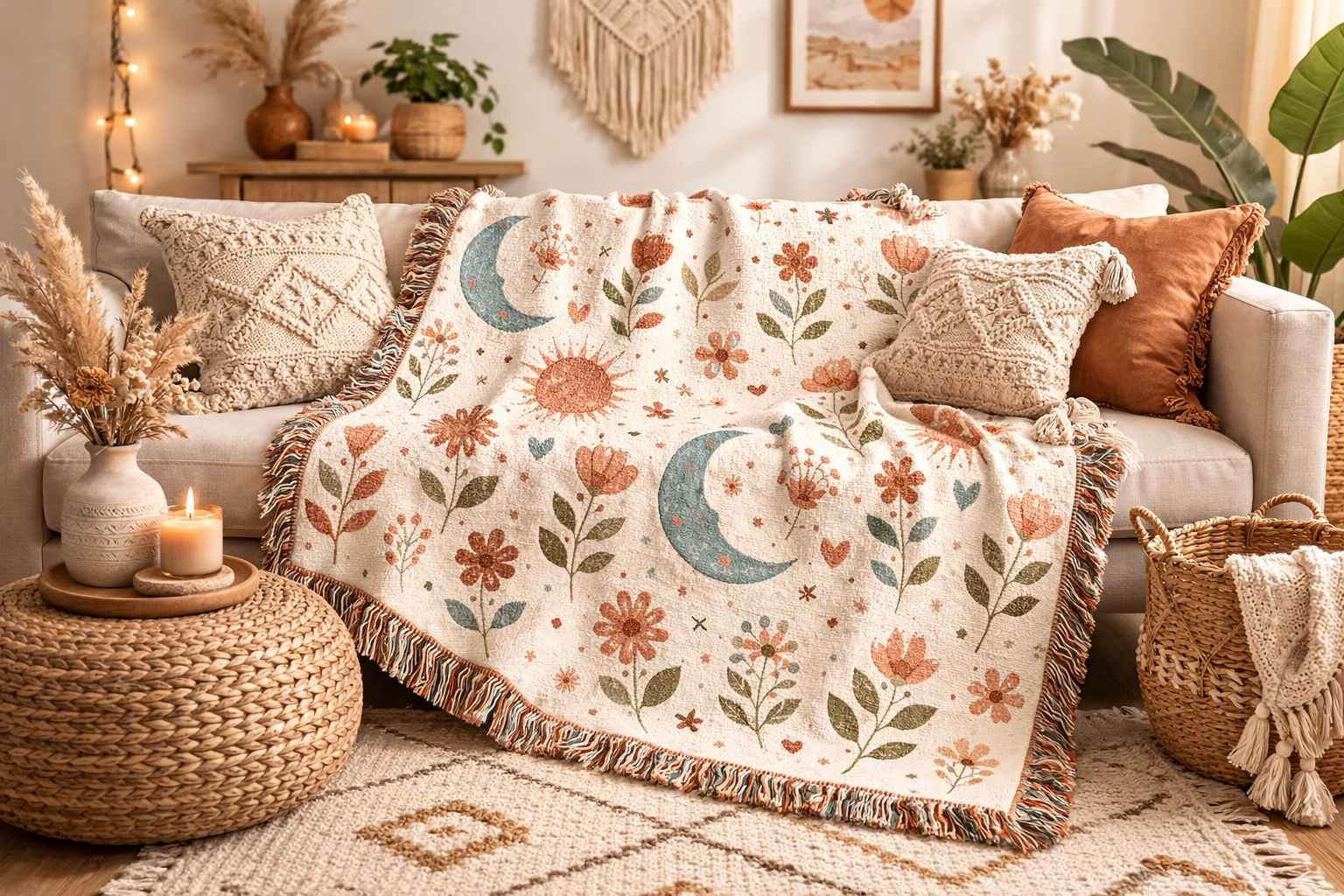 Boho Sun Moon Woven Blanket