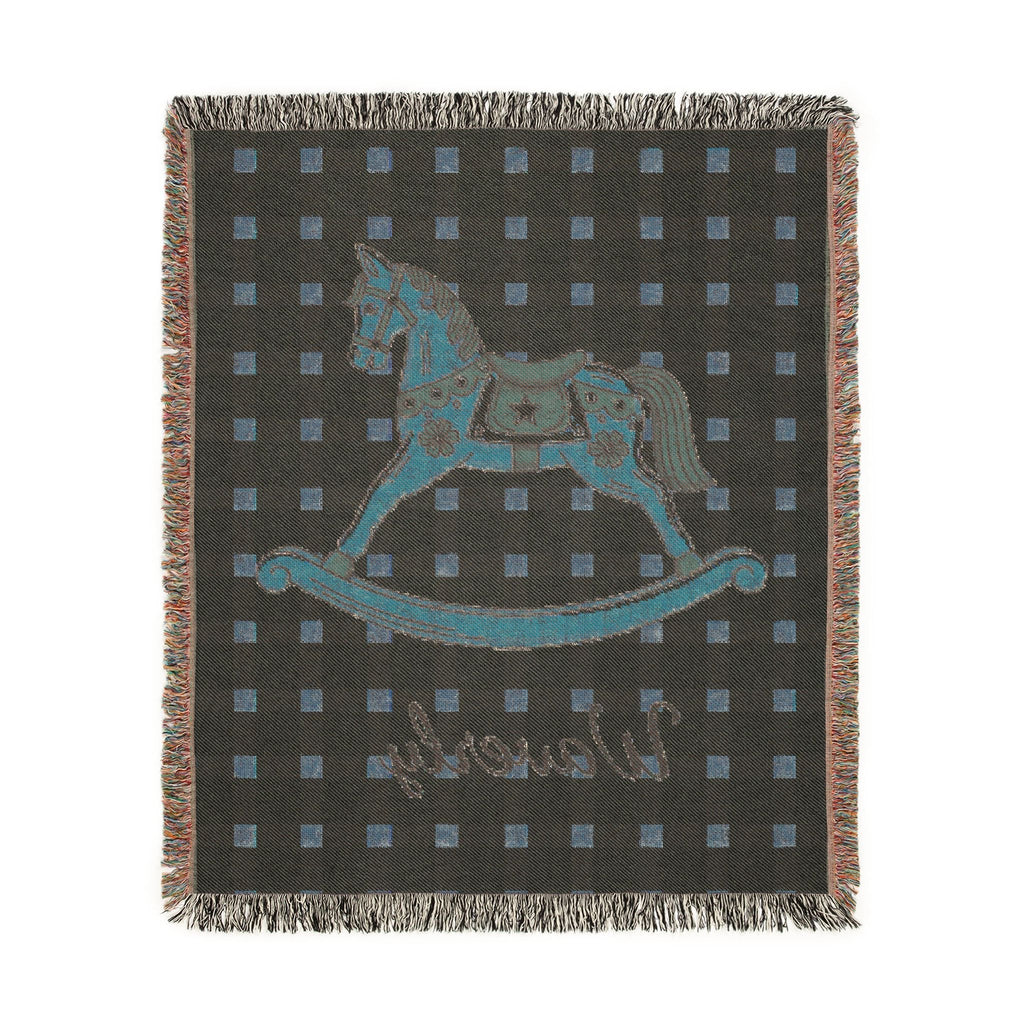 Decorative blanket with archery design and brand name on a checkered background
