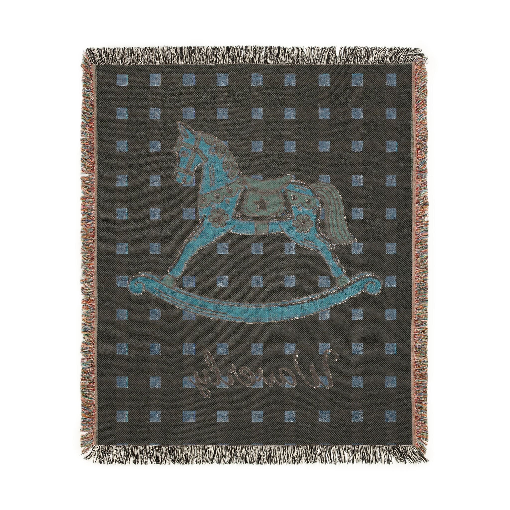 Decorative blanket with archery design and brand name on a checkered background