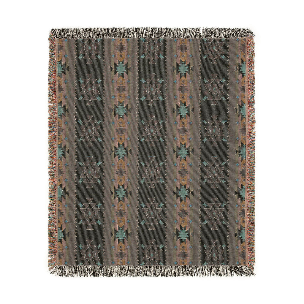 Woven blanket with geometric pattern on a white background