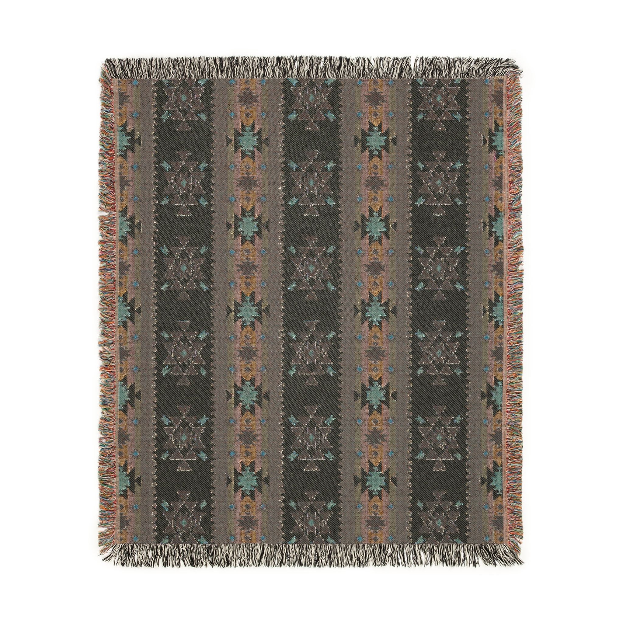 Woven blanket with geometric pattern on a white background