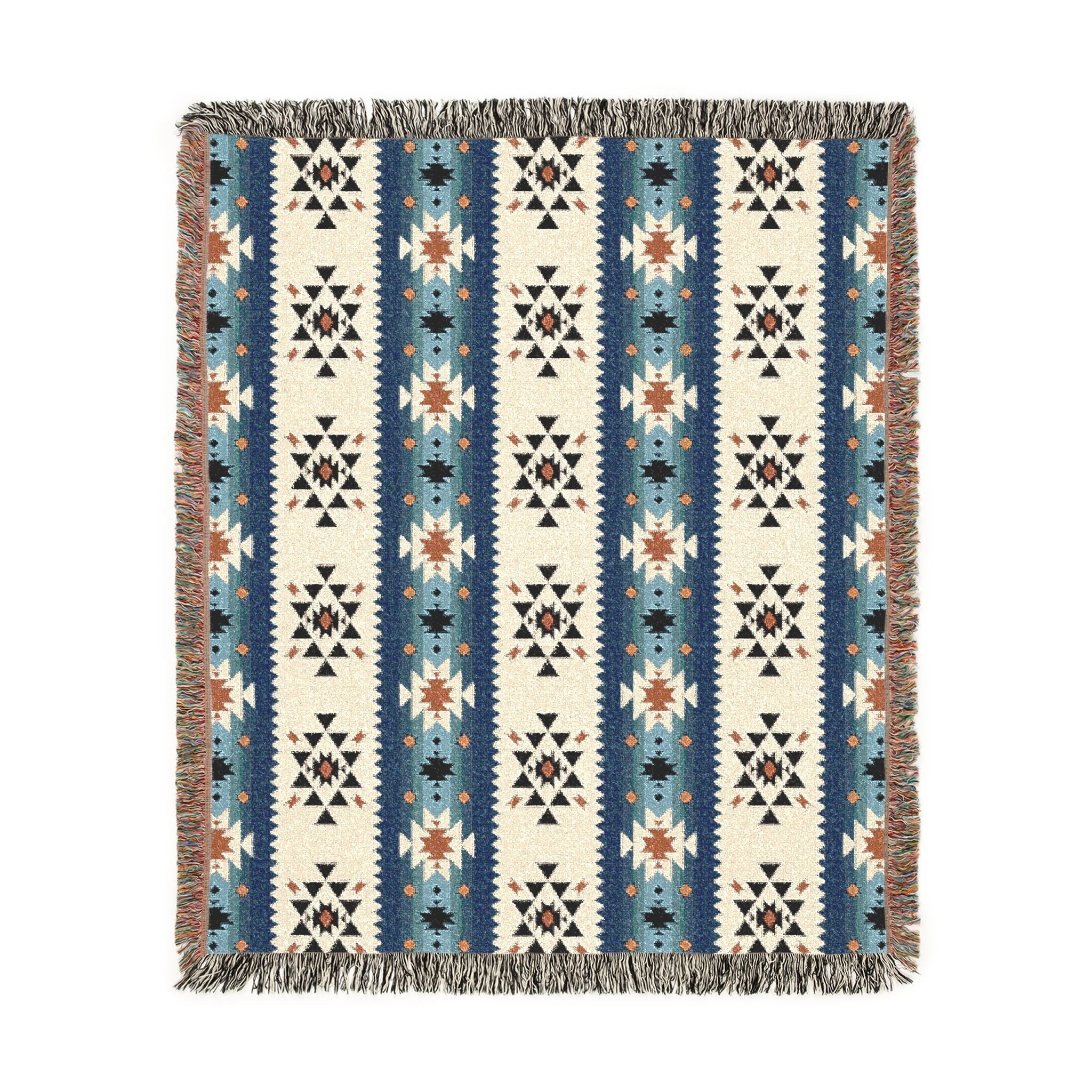 Patterned blanket with blue, beige, and brown colors on a white background