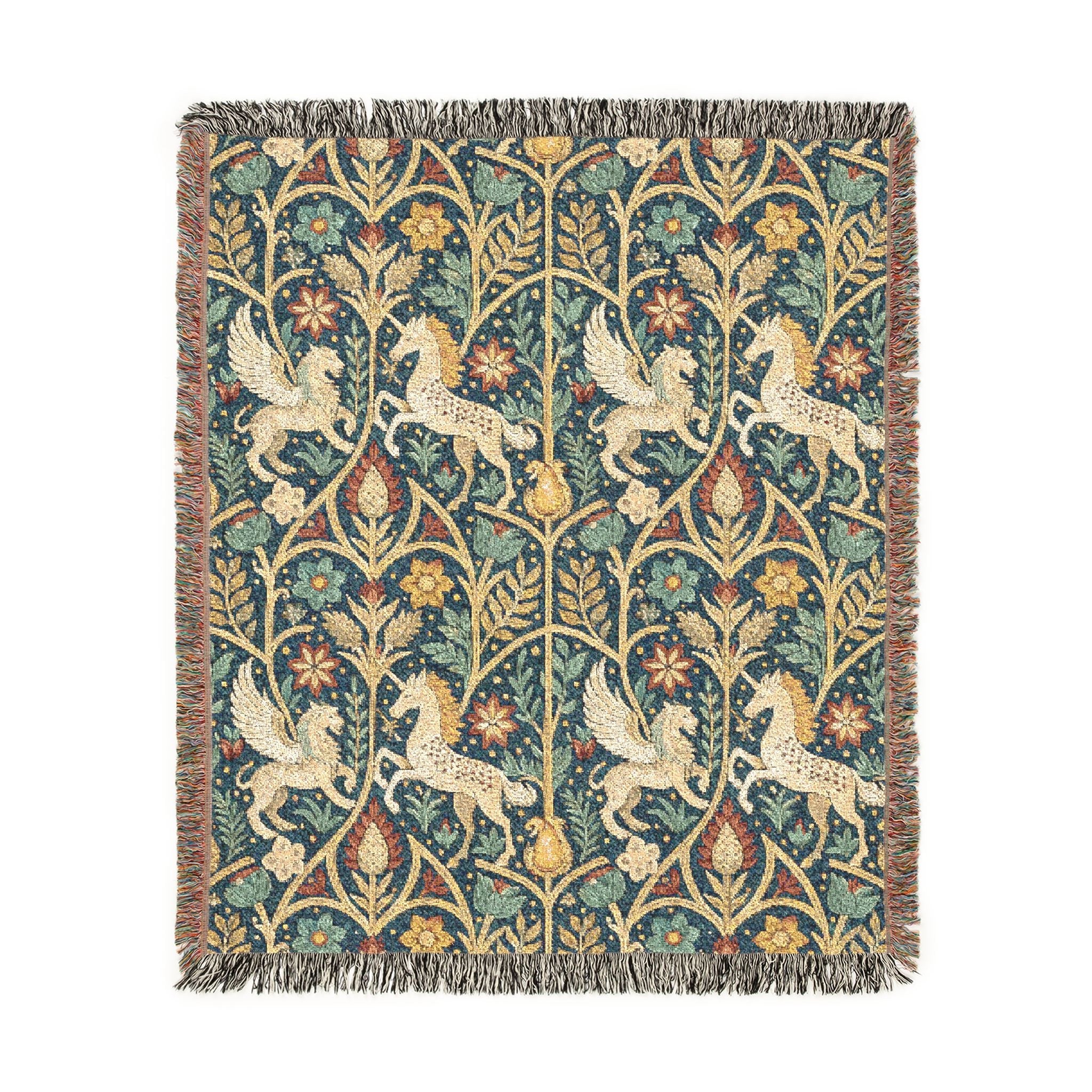 A square woven textile with fringe on all sides, featuring a repeating pattern of cream-colored foxes, flowers, and foliage on a dark teal-blue background. The design has a vintage, tapestry-like appearance.