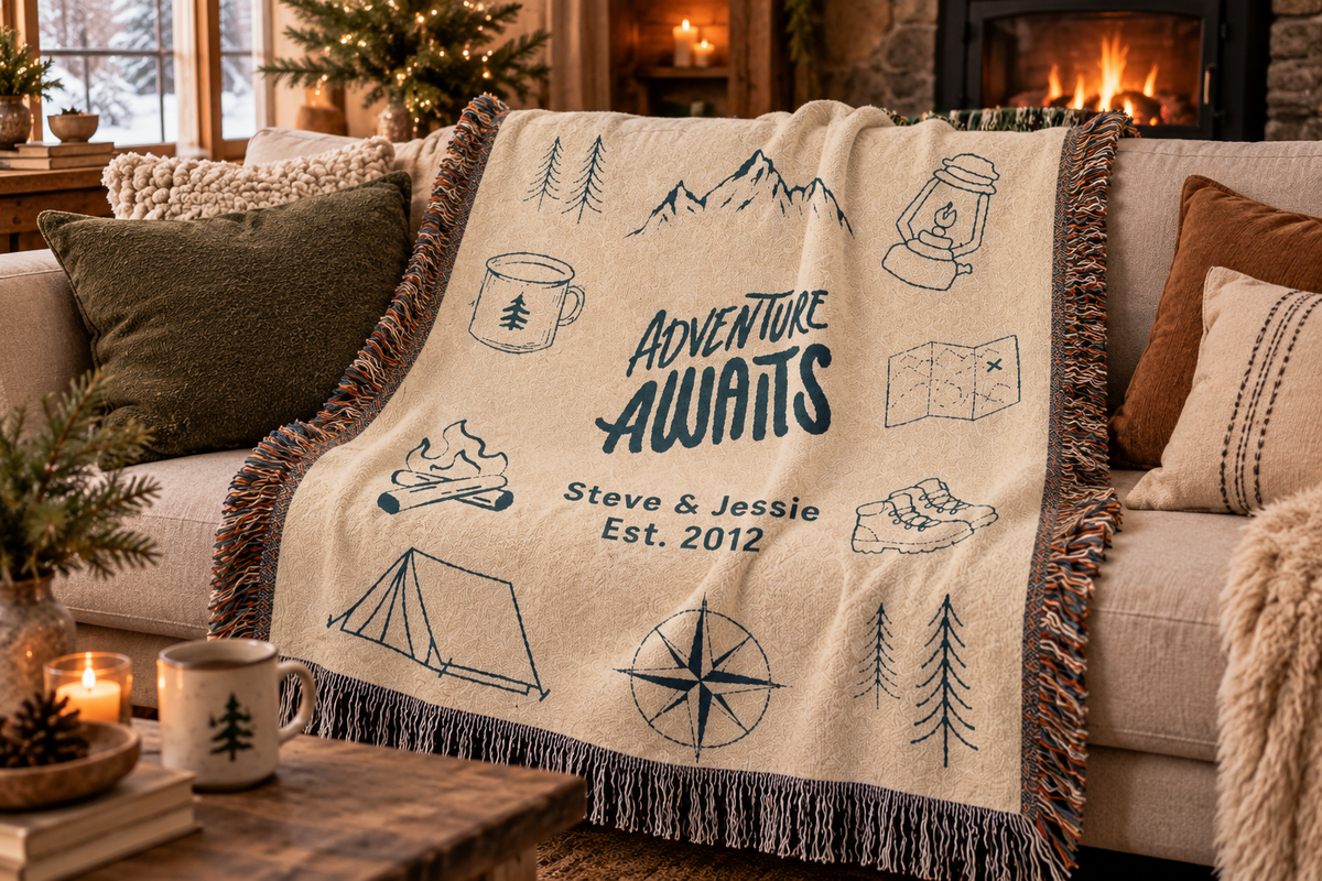Adventure Awaits personalized woven blanket on a cozy couch in a warmly lit cabin