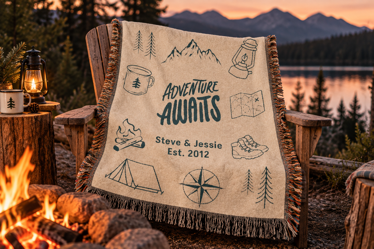 Adventure Awaits personalized woven blanket draped over a seat by a campfire at a mountain lake