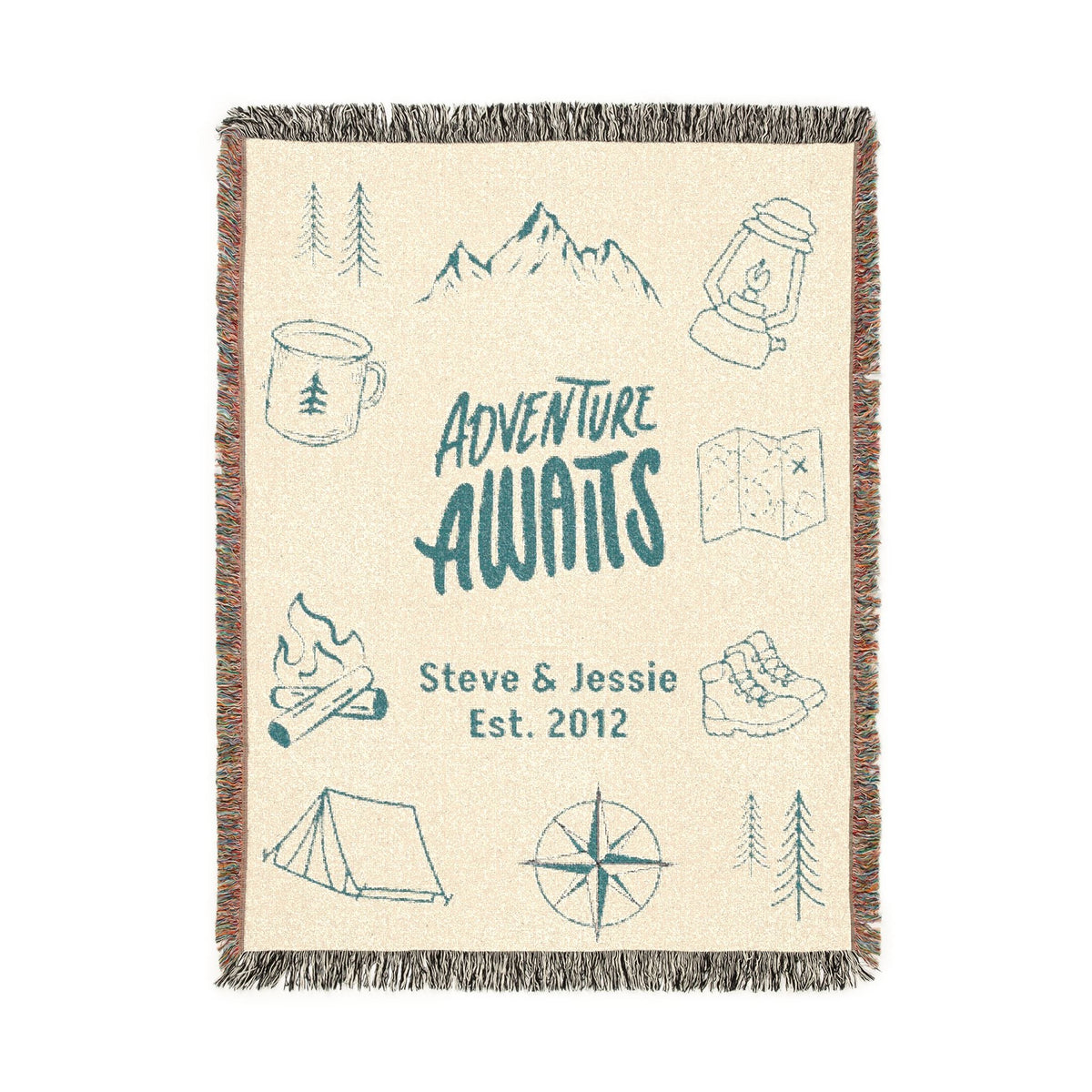 Personalized Adventure Awaits woven blanket with camping icons, custom couple names and established year