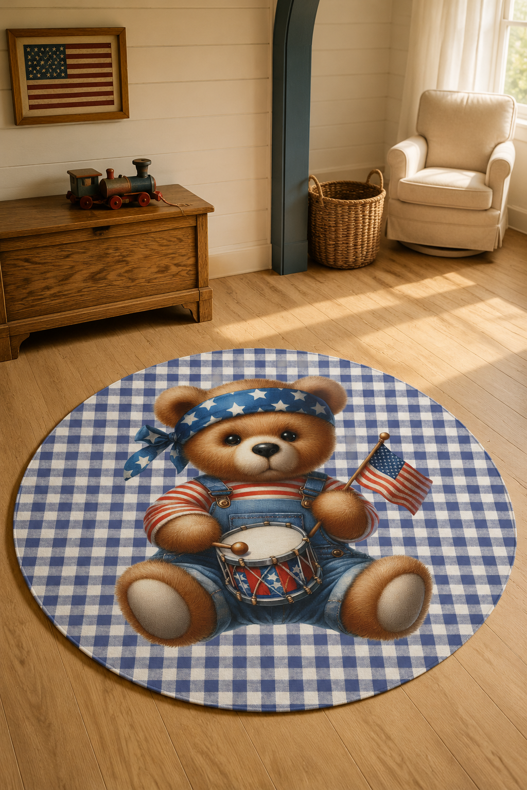 Americana teddy bear round rug in front of a cream armchair in an Americana-styled room