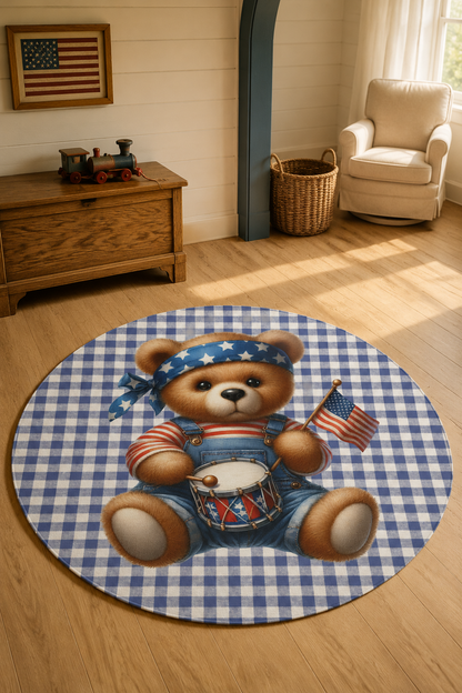 Americana teddy bear round rug in front of a cream armchair in an Americana-styled room