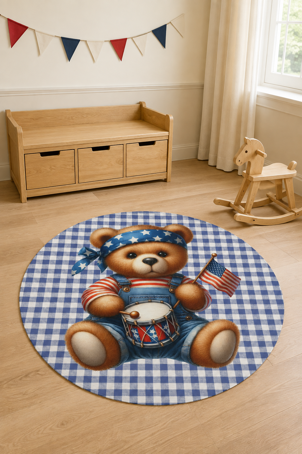 Americana teddy bear round rug beside a window with bunting and a toy chest