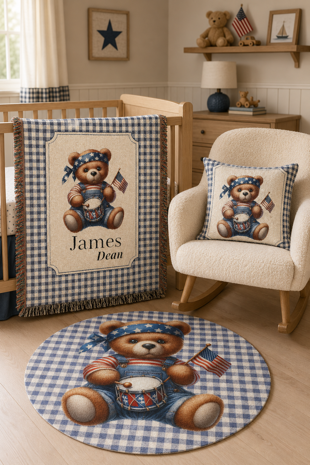 Americana teddy bear set in a nursery with the blanket on a crib and the round rug on the floor