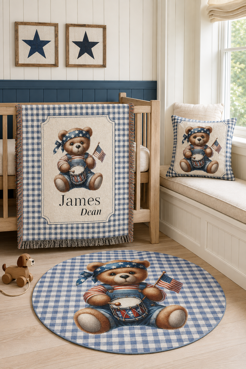 Americana teddy bear set with the matching blanket displayed above the round rug
