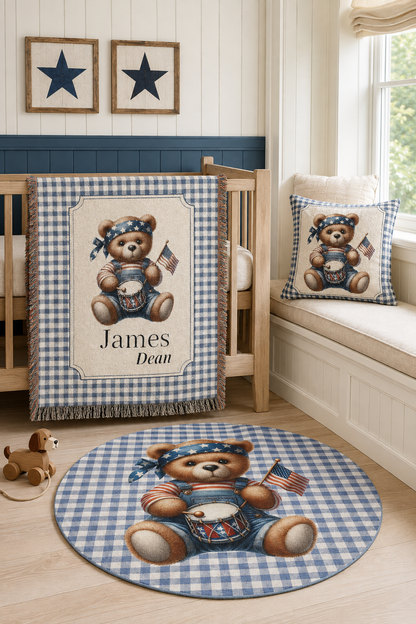 Americana teddy bear set with the matching blanket displayed above the round rug