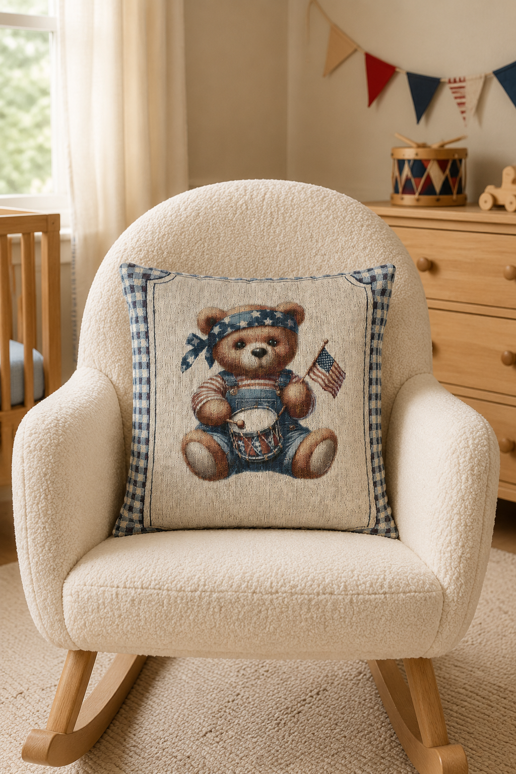 Americana teddy bear pillow on a cream armchair with bunting in the background