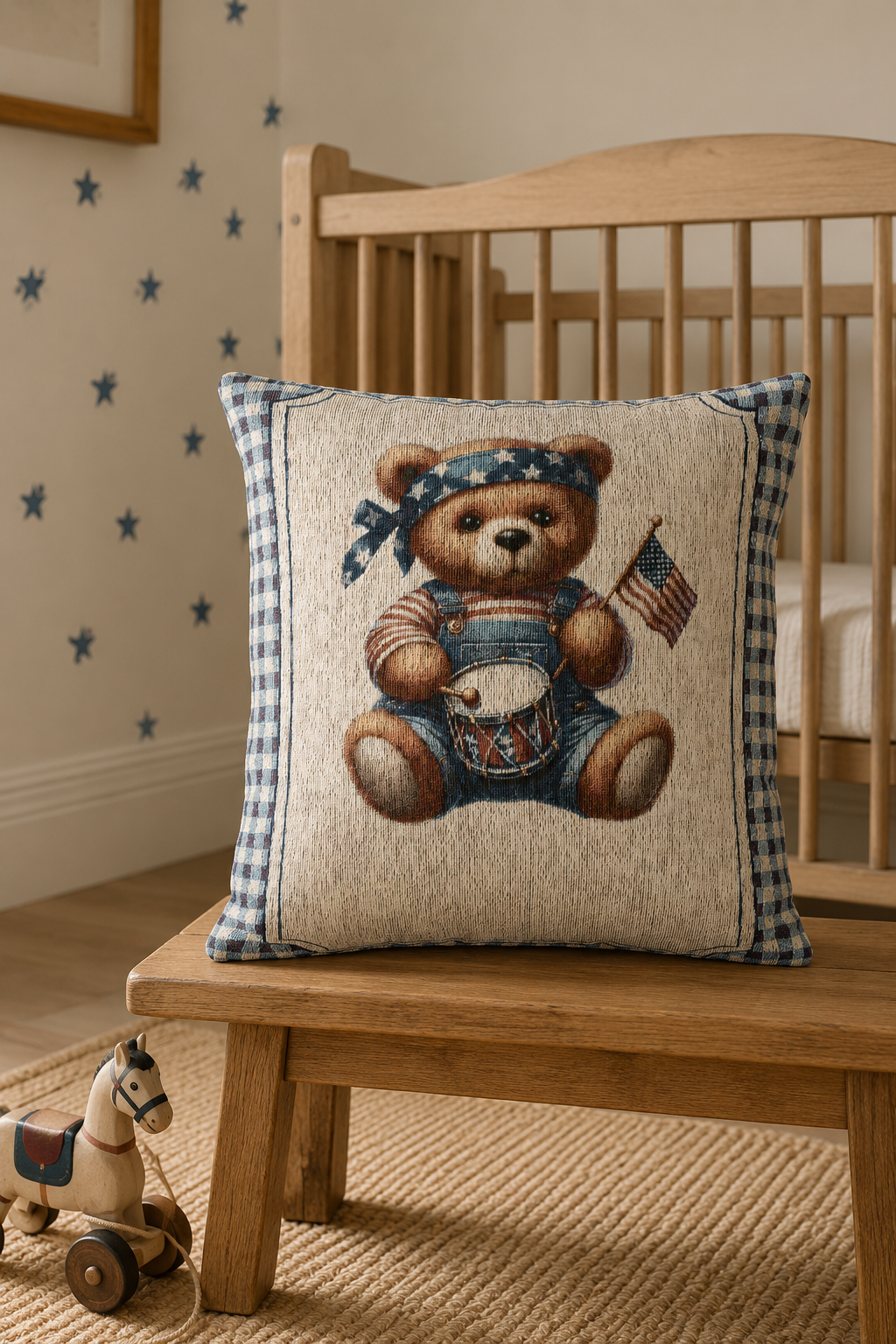 Americana teddy bear pillow on a wooden rocking chair beside a crib with star wallpaper