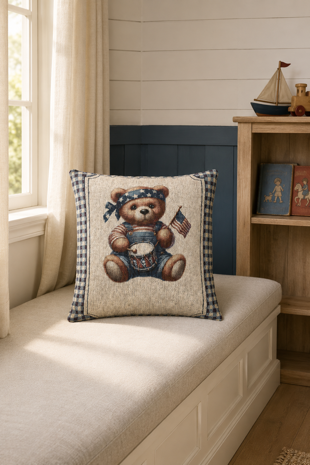 Americana teddy bear pillow on a cushioned window seat beside a bookshelf