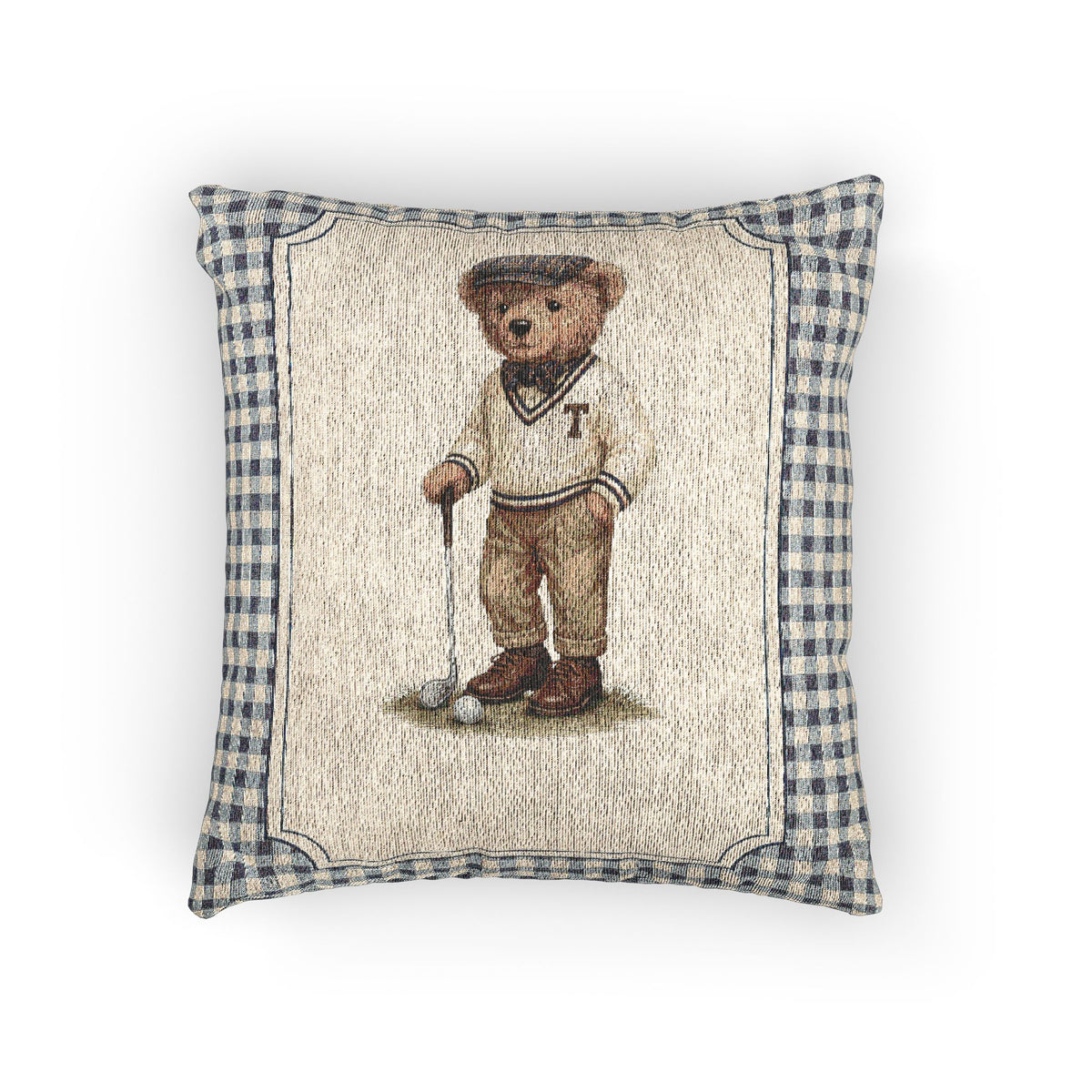 Baby woven pillow with a golfing teddy bear on a blue gingham border, front view