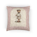 Baby woven pillow with a golfing teddy bear on a pink gingham border, front view
