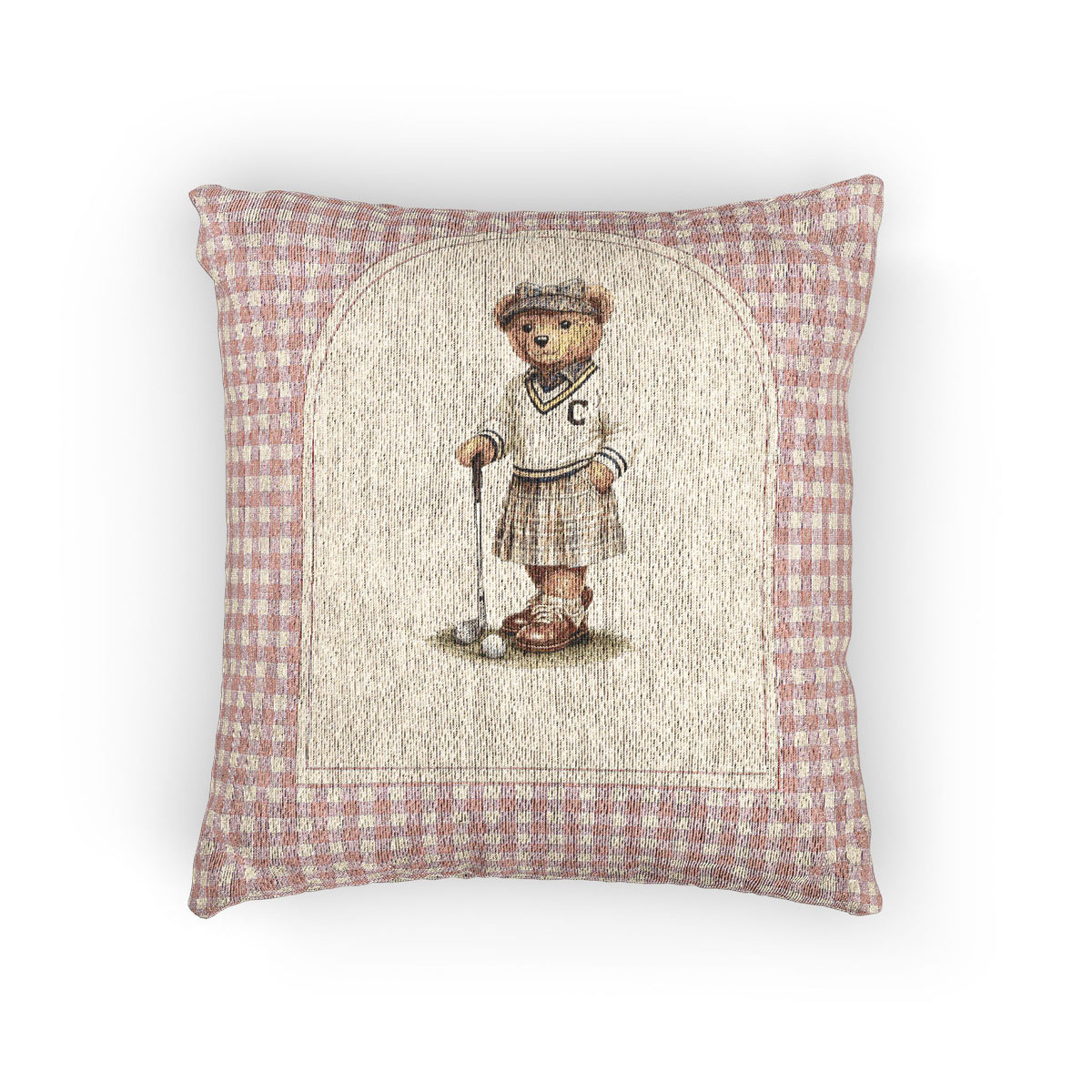 Baby woven pillow with a golfing teddy bear on a pink gingham border, front view