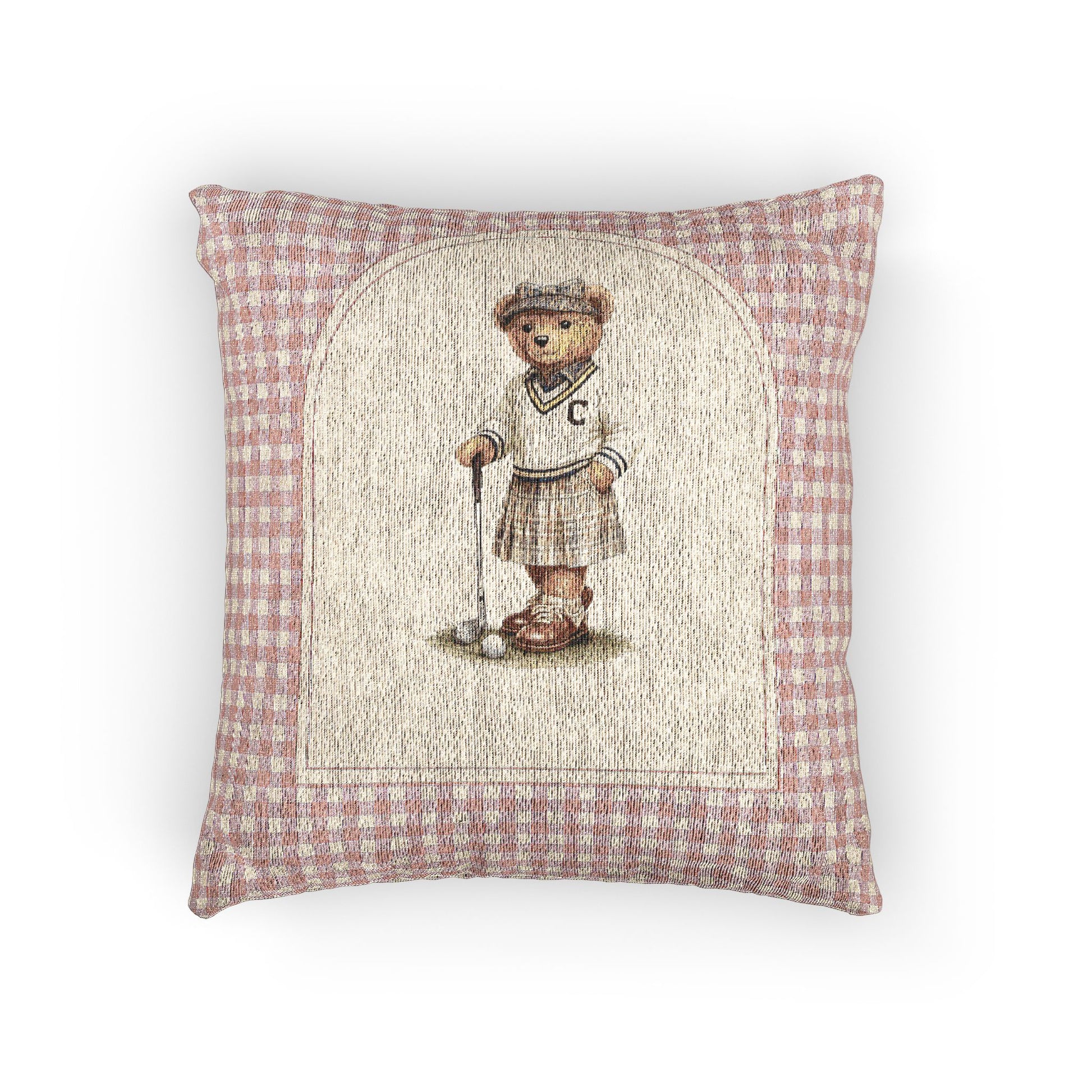 Baby woven pillow with a golfing teddy bear on a pink gingham border, front view