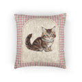 Baby woven pillow with a tabby cat in an arched cream panel and a pink gingham border, front view