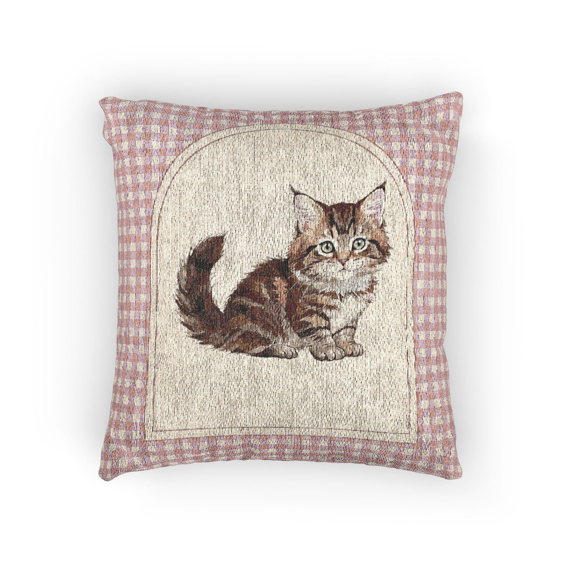 Baby woven pillow with a tabby cat in an arched cream panel and a pink gingham border, front view